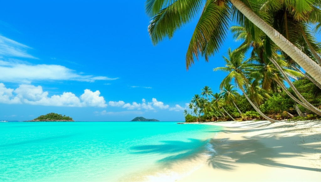 Praia tropical paradisíaca com águas cristalinas e areia branca, representando o destino dos seus sonhos